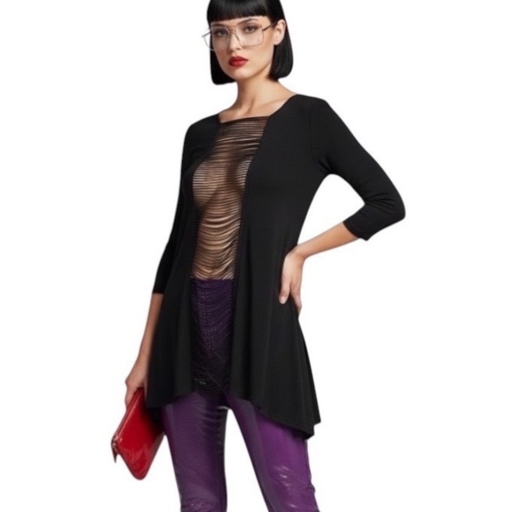 Joseph Ribkoff Tunic Top Lattice Laser Cut Black Avant Garde Whimsigoth Witchy 8